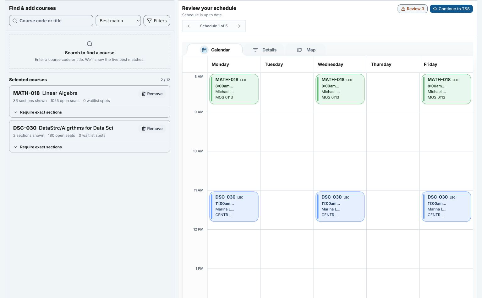 Auto planning workspace with selected courses, schedule navigation, and a weekly calendar
