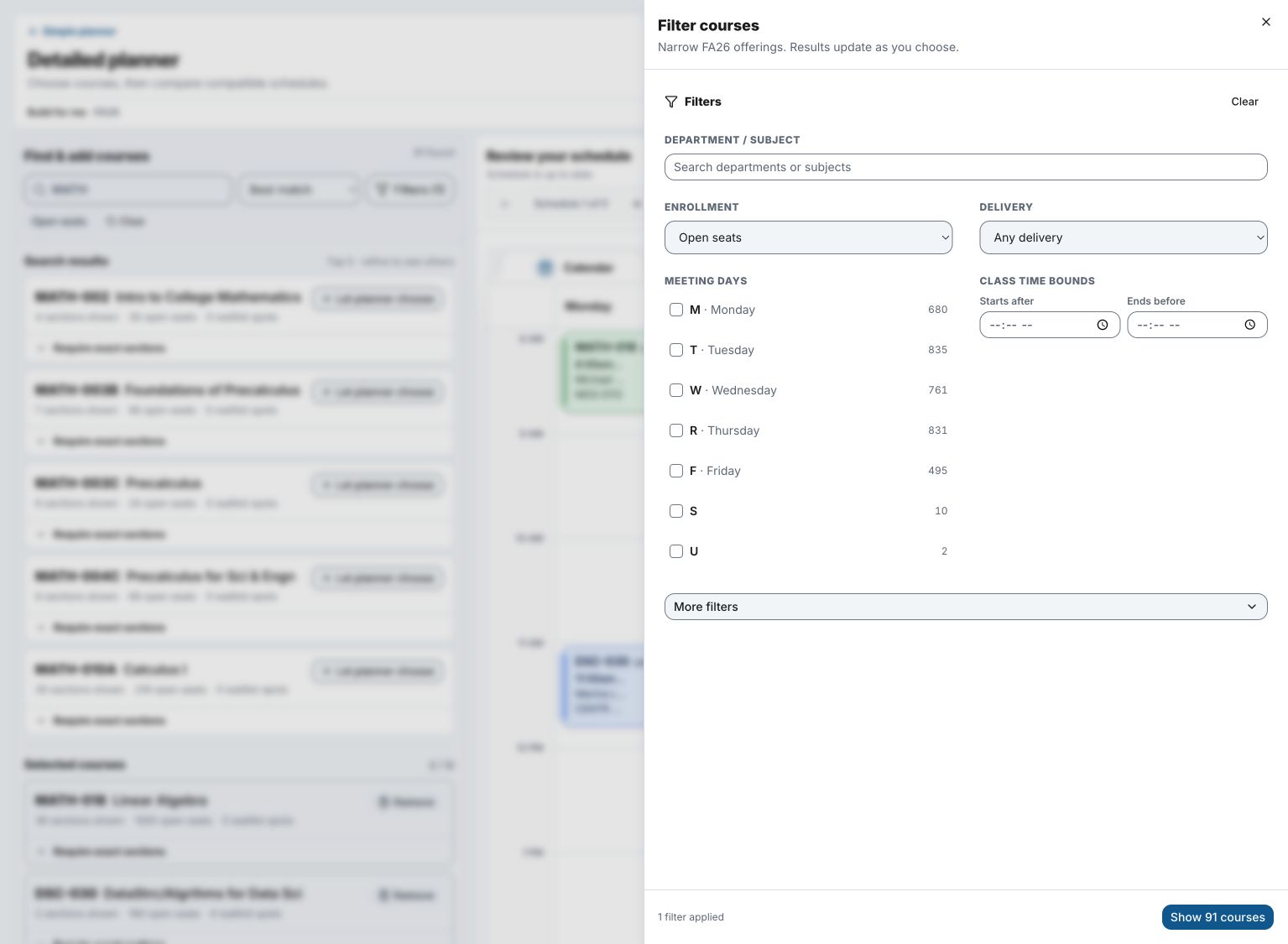 Detailed planner course search with filters for seats, department, delivery method, days, and times