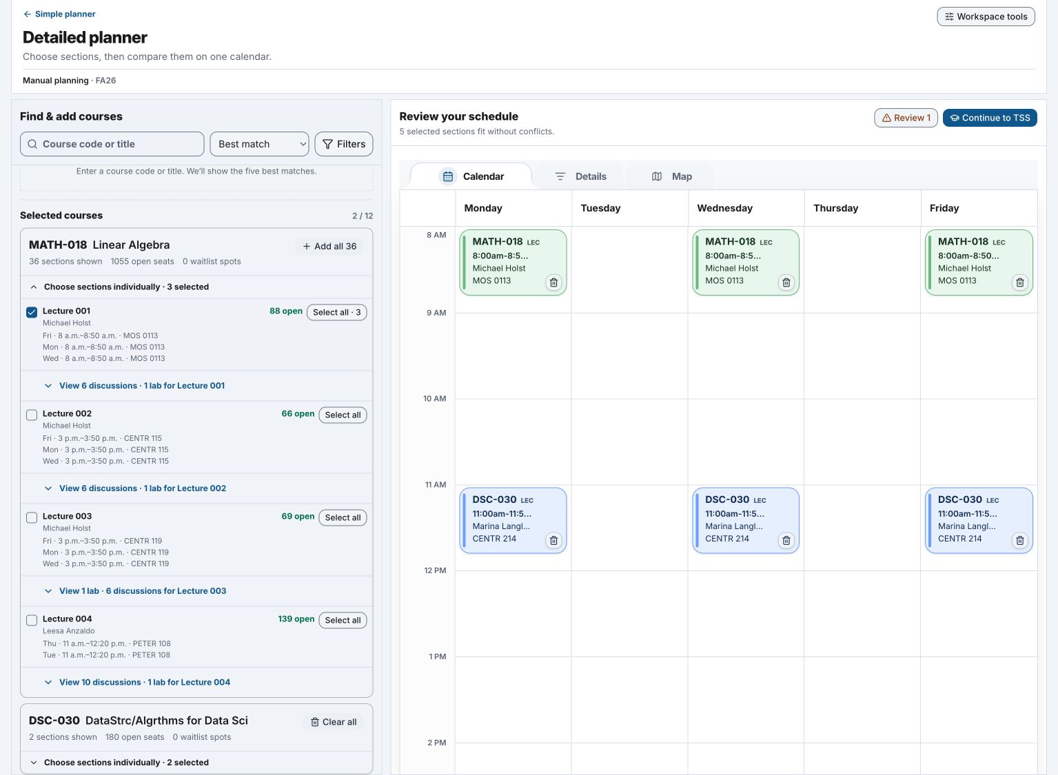 Manual planning workspace with exact lecture and discussion choices beside a weekly calendar