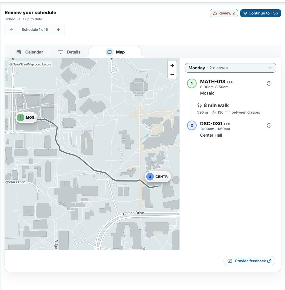 Map view showing a walking route from Mosaic to Center Hall with an eight-minute estimate