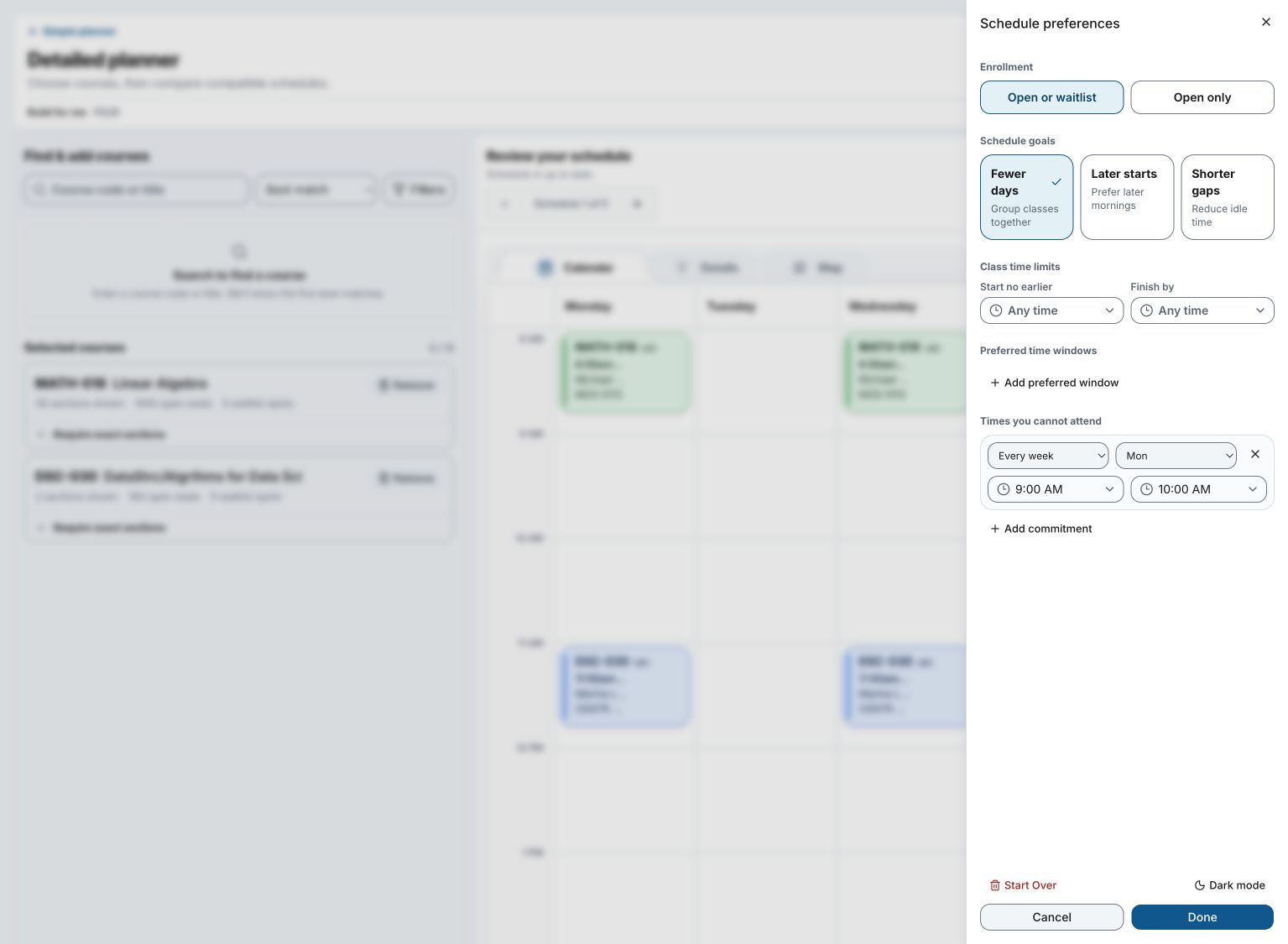 Schedule preferences with Fewer days selected and a weekly Monday commitment