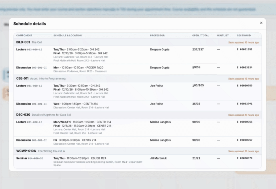 Schedule Details view with meeting, instructor, seat, waitlist, section ID, and update information