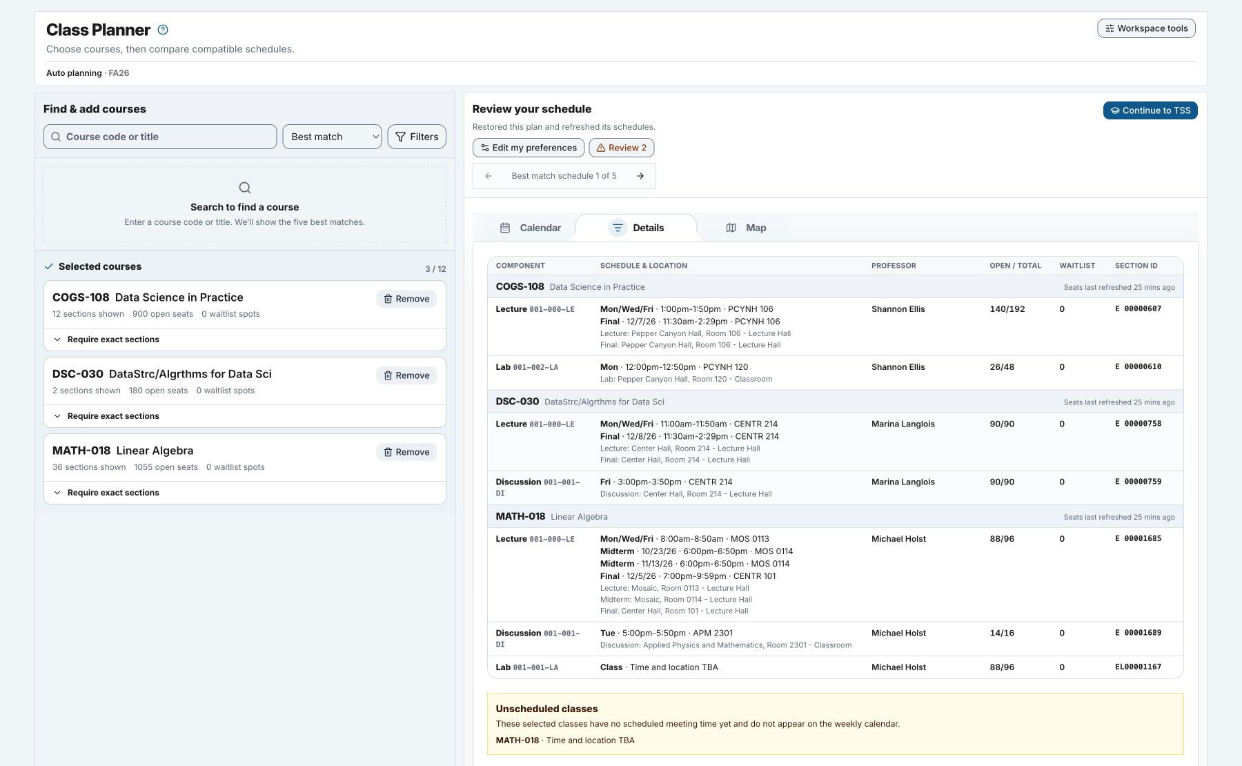 Auto planning workspace with course search, filters, three selected courses, schedule controls, and the Details view