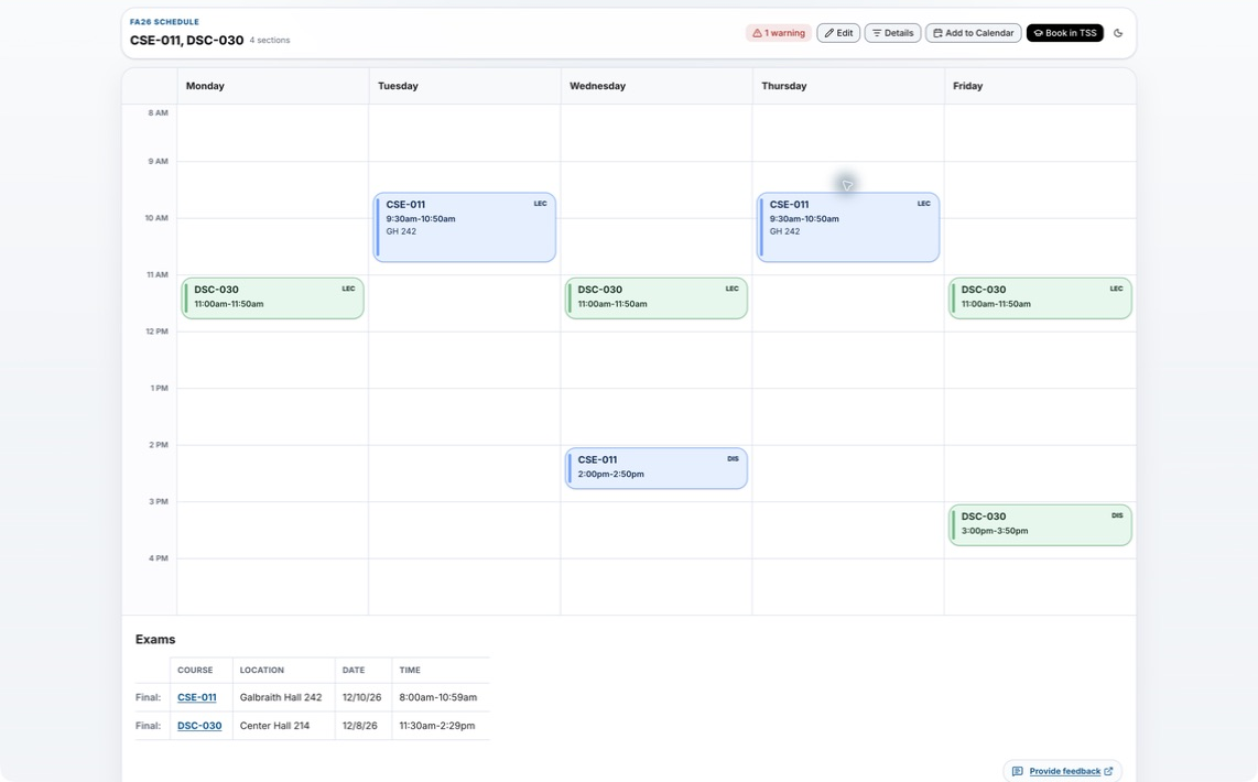 Saved schedule with editing, details, calendar, and TSS controls